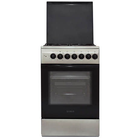 Aragaz Samus SM 550 NSSE, Mixt, 4 arzatoare gaz, Siguranţă plită, Cuptor electric static, 48 L, Sertar inferior vase, Capac metal, 50x54 cm, Inox/Argintiu